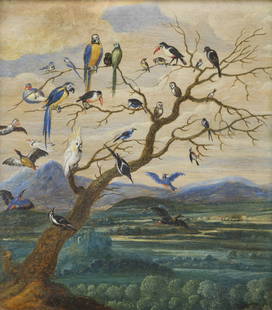 Jan Van Kessel I (Flemish, 1626 - 1679): Landscape with Exotic Birds Oil on panel, 40 x 36 cm Provenance: Costermans Fine Art, Brussels With certificate of authenticity by Laetitia Bolle.