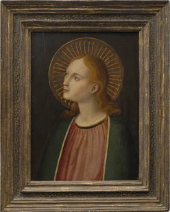 Portrait of a Saint: East European School - c. 1500 Oil on wooden panel 44 x 32,5 cm Provenance: E. J. Philips Collection, Netherlands (collector's label on verso) Thence by descent