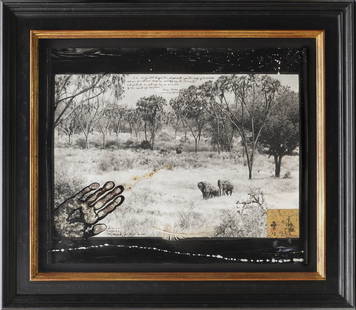 Peter Beard (American, 1938 - 2020): Amboselli Elephants - 1989 Bromoil gelatin silver print, blood, paint, paper, feather 50 x 60,5 cm Signed, annotated 'Salaams + Regards' and 'Box 47616 Nairobi,' and inscribed with a quotation from Ka