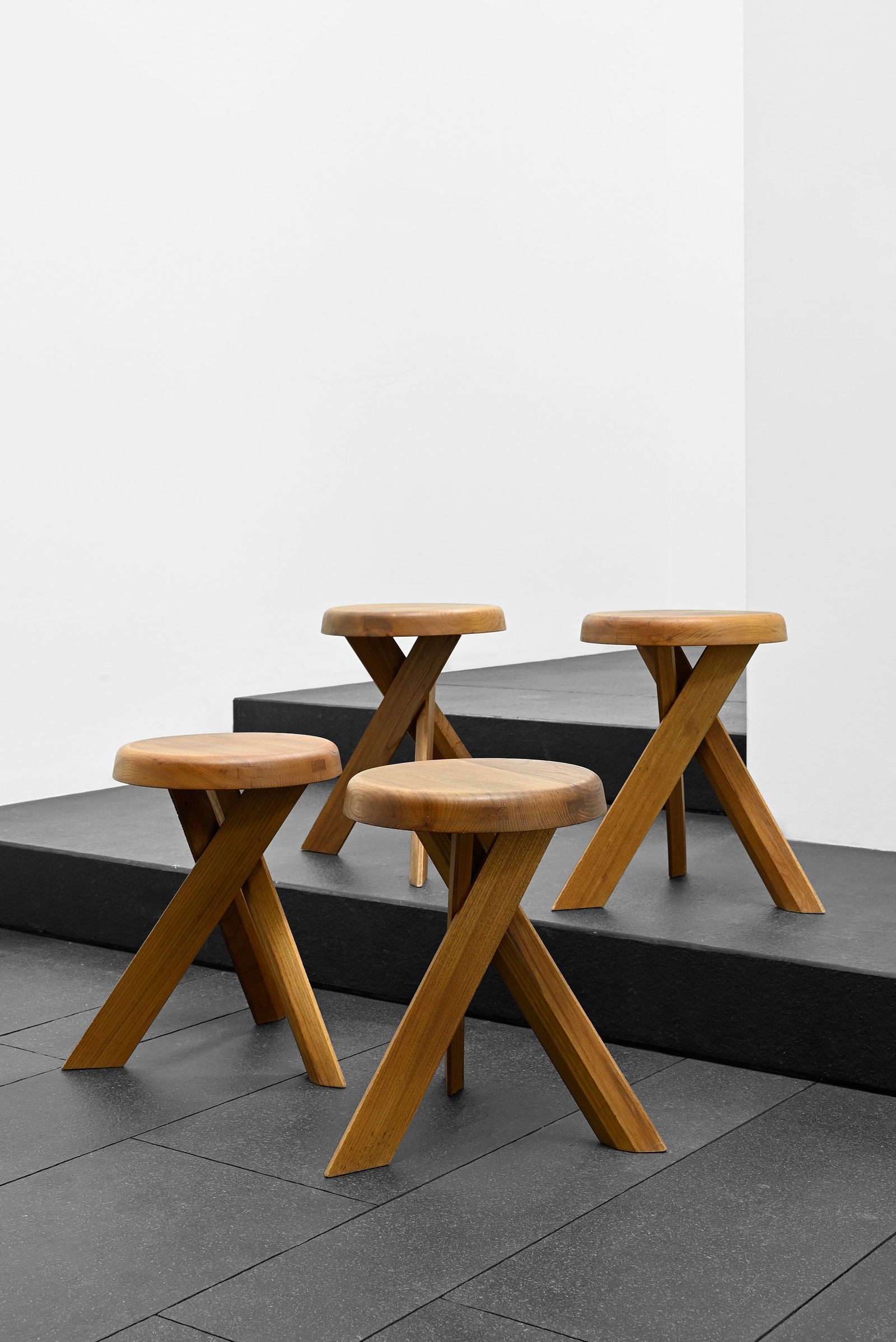 Pierre Chapo (French, 1927 - 1987): Four vintage S31 Stools - c.1974 Elmwood 46 x 32 Ø cm (each) Produced by Atelier Pierre Chapo Literature: H. Magen et al., Pierre Chapo, un artisan moderne, Magen H. Gallery, 2017, pp.184-185 (i
