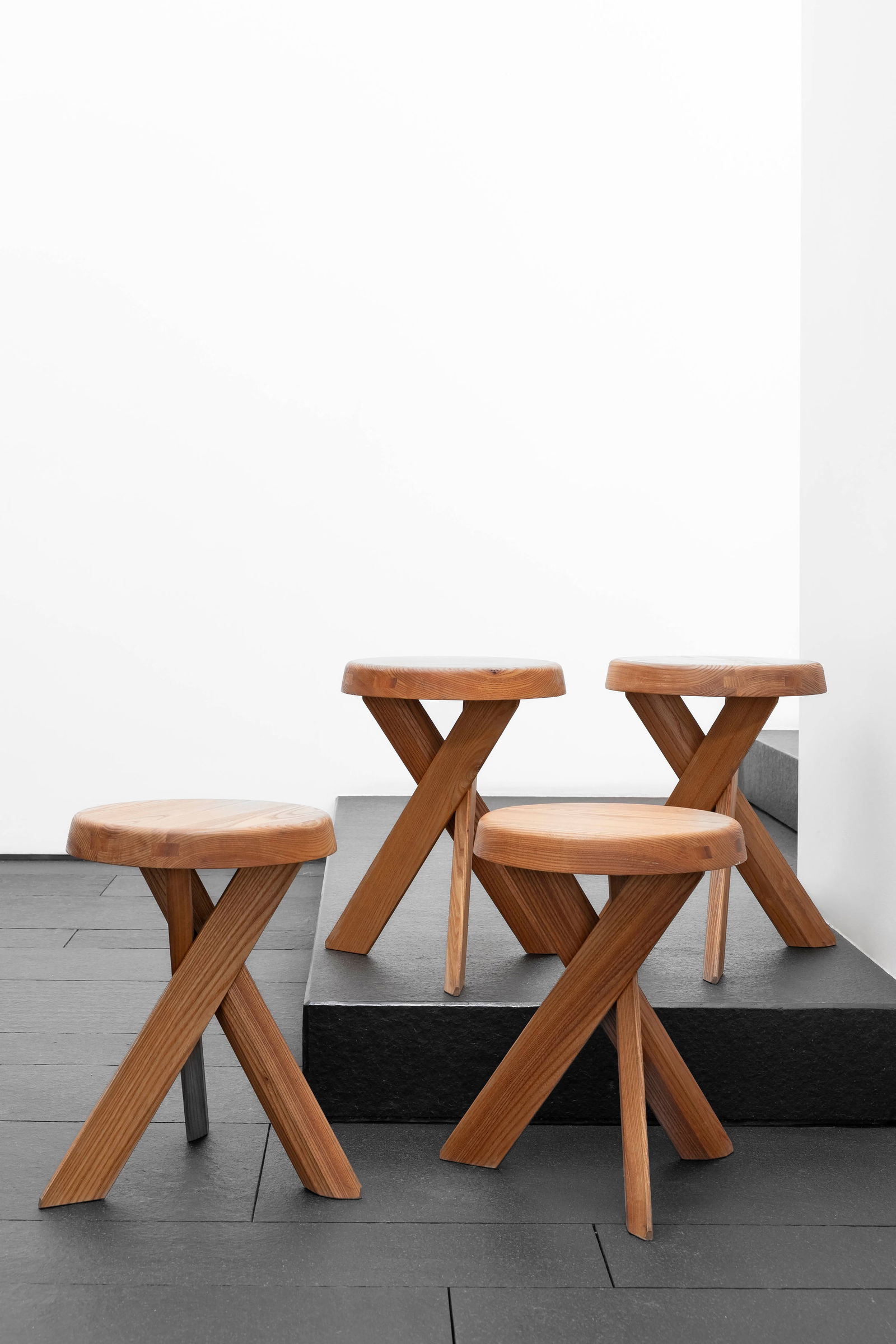 Pierre Chapo (French, 1927 - 1987): Four vintage S31 Stools - c.1974 Elmwood46 x 32 Ø cm (each)Produced by Atelier Pierre Chapo Literature: H. Magen et al., Pierre Chapo, un artisan moderne, Magen H. Gallery, 2017, pp.184