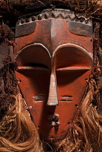 Pende Mask: D.R. Congo Wood, rattan, and pigment18,5 cm (38 cm incl. beard and coiffe) Provenance: Philippe Guimiot, BrusselsCollection Robert Giron, Brussels (acquired from above)By descent