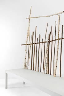 Andrea Branzi (Italian, 1938 - 2023): Animale Domestici Bench - 1985 / 2010 Painted MDF and tree branches 164 x 225 x 68 cm (Bench slab: 180 x 60 cm) Dedicated, dated, numbered, and signed underneath: A Patrick con amicizia Manufactured
