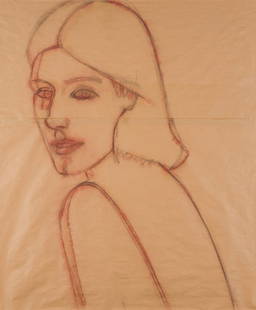 Alex Katz (American, 1927): Isca - 2001 Red chalk on paper 184 x 152 cm Provenance: Galerie Thaddaeus Ropac, Salzburg Private collection, Paris In Isca, Alex Katz renders a striking figure with the utmost economy of line, yet
