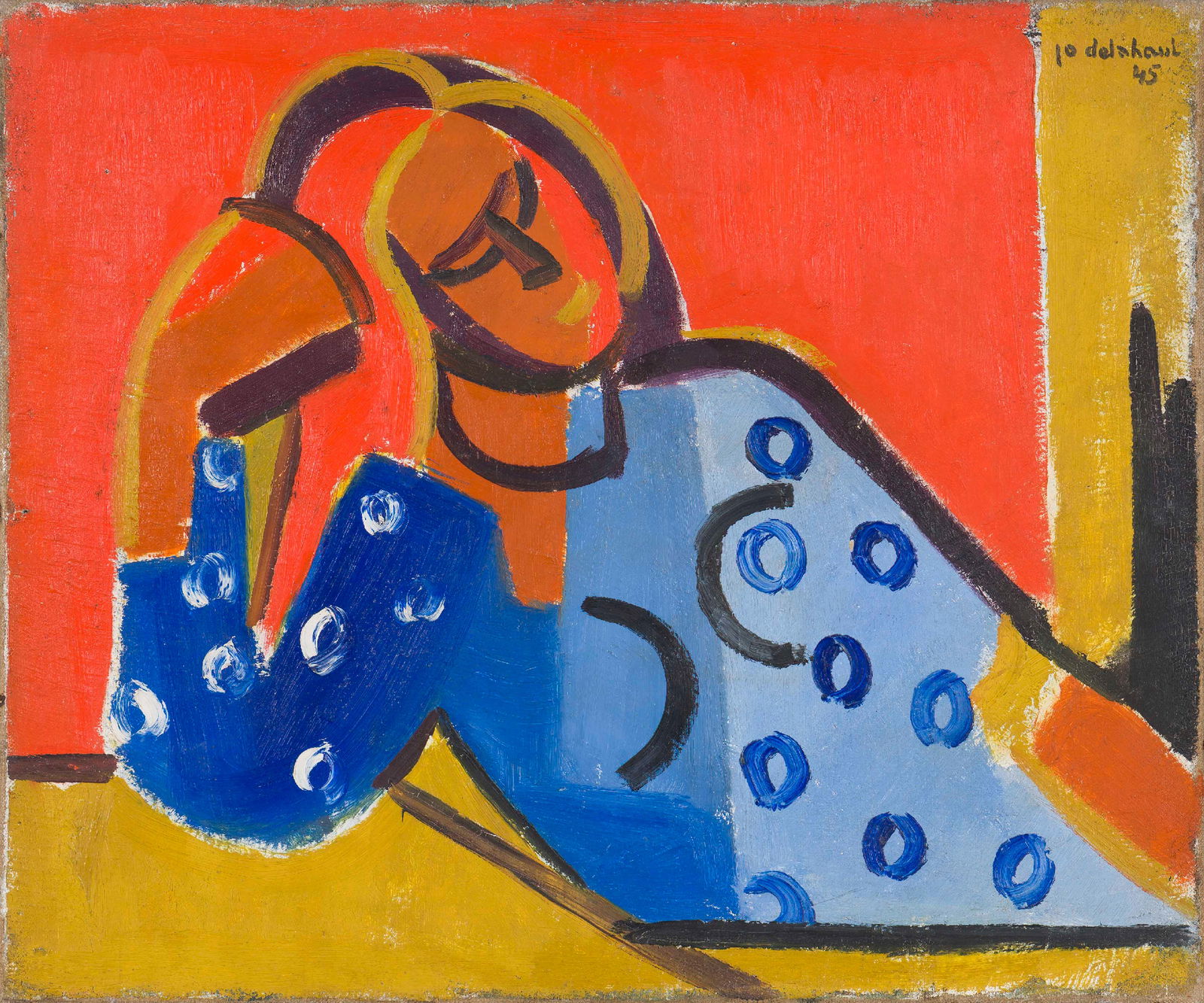 Jo Delahaut (Belgian, 1911 - 1992): Woman Sitting - 1945 Oil on canvas, 50 x 60 cmSigned and dated top right Provenance: Dr. Cochaux Collection, Belgium