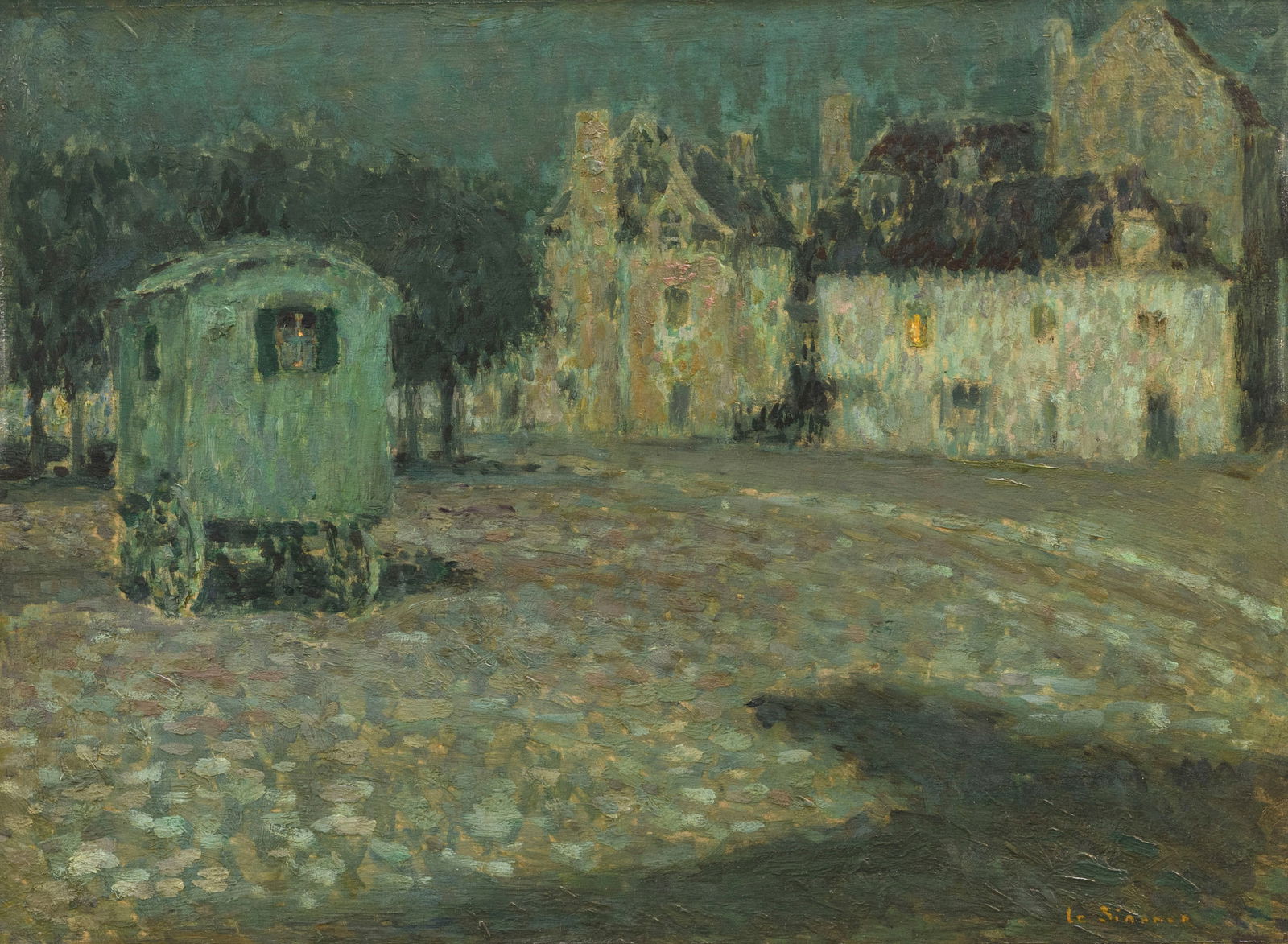 Henri Le Sidaner (French, 1862 - 1939): Small Square in Quimperlé – 1918Study for La Roulotte (Clair de lune) Oil on panel, 29 x 39 cmSigned lower right Provenance:Prof. Vernieuwe Collection, Ghent (handwritten label on verso)Priv