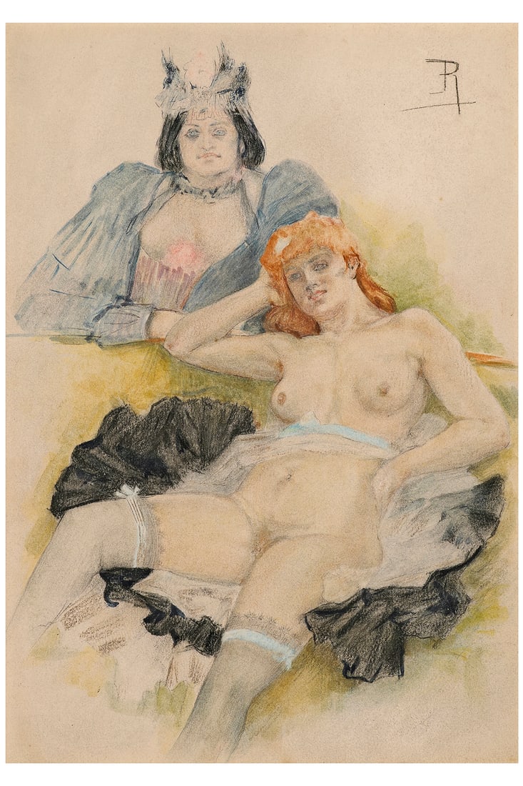 Félicien Rops (Belgian, 1833-1898): Les Deux Amies - c.1880 Watercolor, pencil, and gouache on paper 32,6 x 22,7 cm Monogrammed top right Handwritten text by E. Ramiro on verso Provenance: Weisenbruch Collection (1898 auction) Lambo
