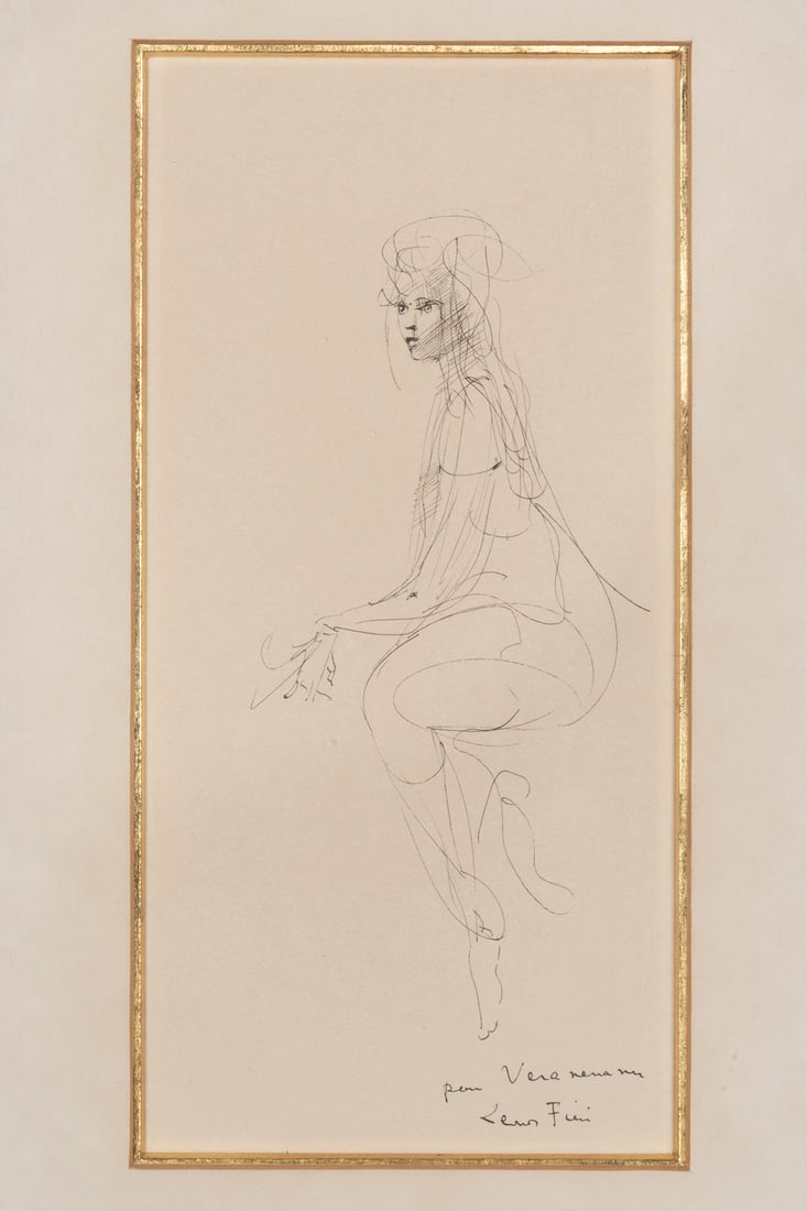 Léonor Fini (French, 1907-1996): Seated Woman India ink on paper 22,5 x 10,5 cm (mount window) Signed and dedicated lower right: pour Veranneman Provenance: Emiel Veranneman Collection, Belgium Private collection, Antwerp Published: