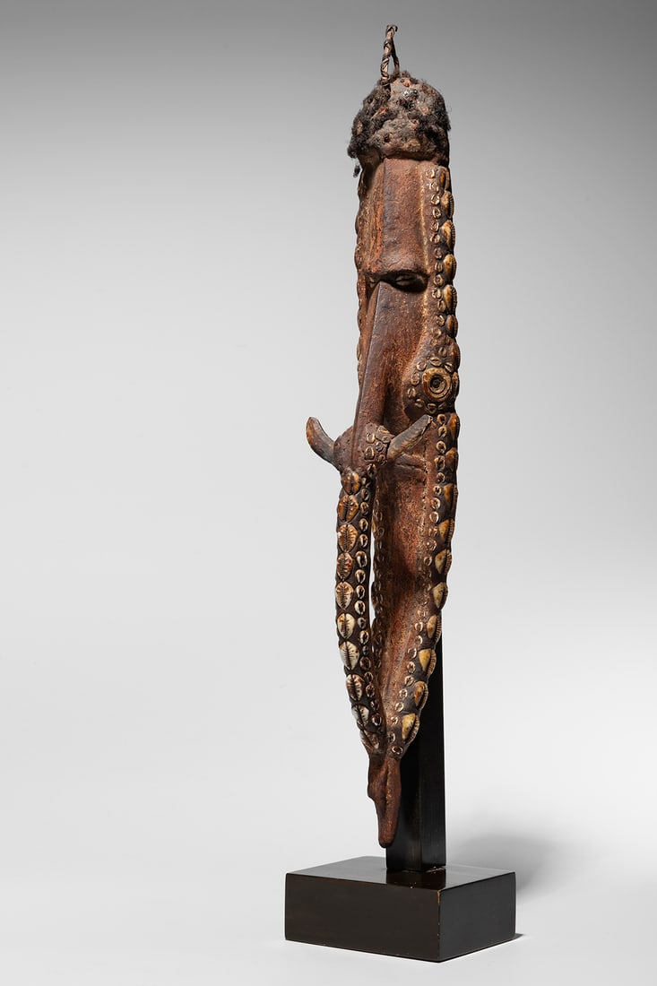 Iatmul Mask: Sepik River, Papua New Guinea Wood, cowries, and boar tusks 52 cm Provenance: Pierre Loeb Collection, Paris Galerie Témoin, Geneva Charles Edouard Duflon Collection, Geneva Private collection, Paris
