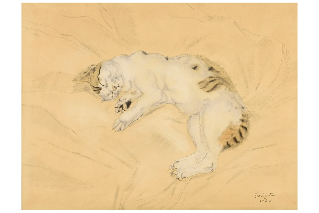 Léonard Tsuguharu Foujita (Japanese-French, 1886-1968): Sleeping Cat - 1947 Watercolor and India ink on paper 27 x 37,5 cm (mount window) Signed and dated lower right Provenance: Galerie des Modernes, Paris Private collection, Belgium (acquired