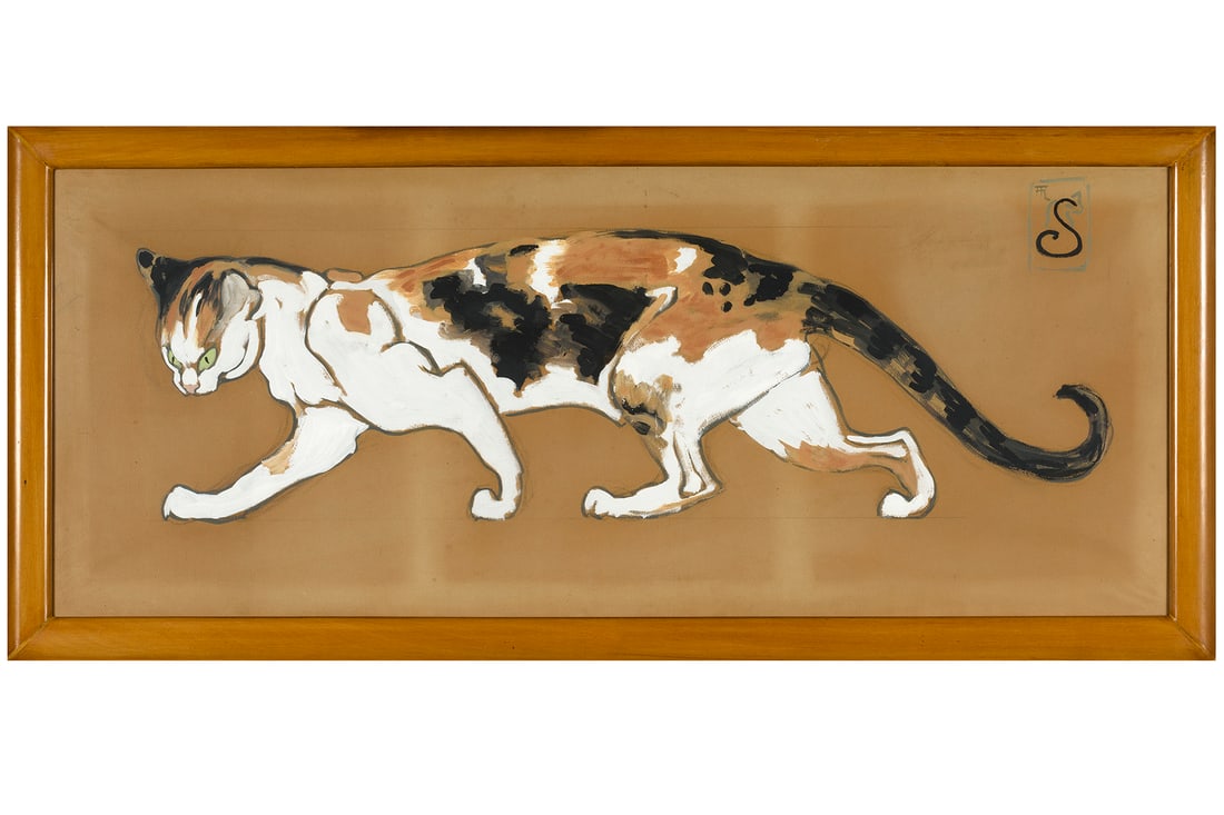 Théophile Alexandre Steinlen (Swiss-French, 1859-1923): Cat Gouache and pencil on tan paper 51 x 125 cm Monogrammed upper right Provenance: Waldeck Rochet Collection, Paris Christie's, Manson & Woods, London, Impressionist and Modern Pictures, 25 June