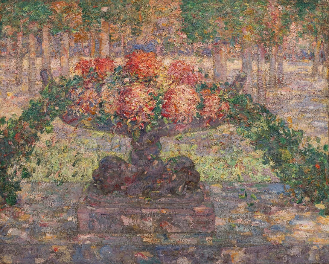 Anna Boch (Belgian, 1848-1936): Dahlias en fleurs dans le jardin de l'artiste aà Lasne - 1915-1917 [Dahlias in Bloom in the Artist's Garden in Lasne] Oil on canvas 65 x 81 cm Provenance: Private collection of the artist