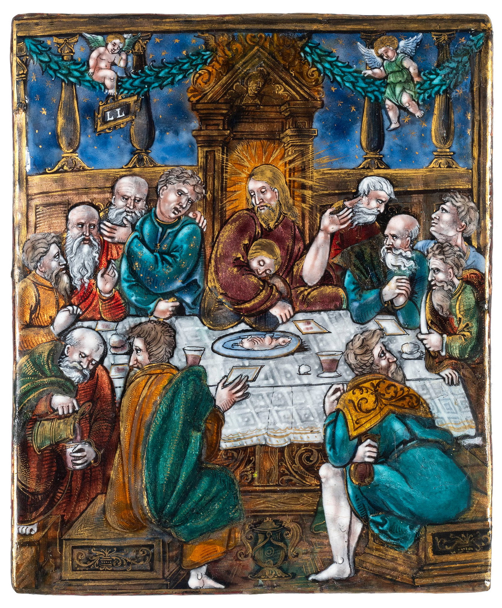 Léonard Limosin (French, 1505-1577): The Last Supper - c. 1533 Polychrome enamels and gold highlights on copper, counter-enamel in fondant 17,2 x 14,2 cm Monogrammed L.L. in a cartouche beneath the putto at the top left of the