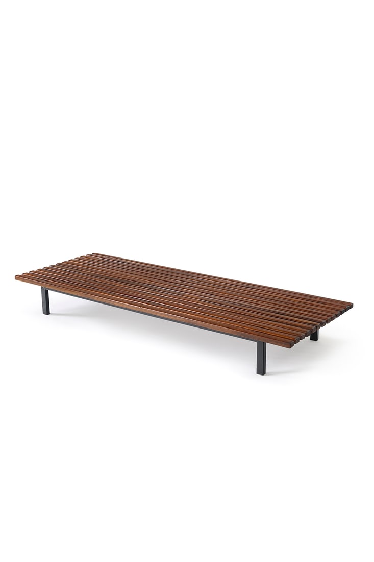 Charlotte Perriand (French, 1903-1999): Cité Cansado Bench – 1958 Mahogany wood and black lacquered steel 23 x 190 x 70 cm Provenance: Cité Cansado, Mauritania Private collection, Belgium