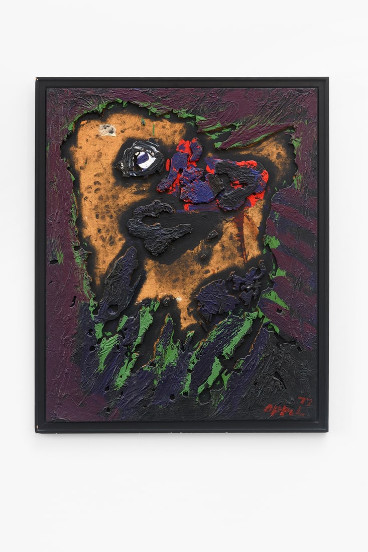 Karel Appel (Dutch, 1921-2006): Untitled – 1977 Acrylic on wood relief 73 x 90 cm Signed and dated lower right Provenance: Private collection, France From the early CoBrA years onward