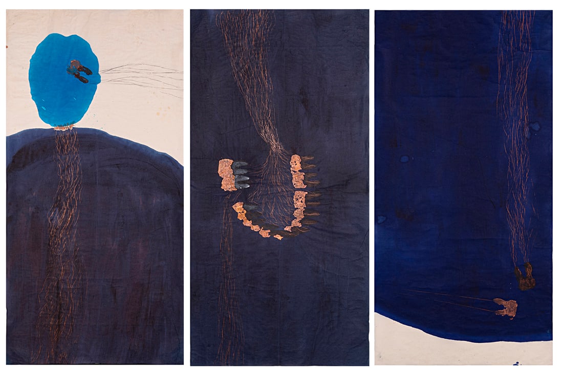 Tunga (Brazilian, 1952 - 2016): Untitled Triptych - c.1990 Color ink and copper colored ink on Japanese paper 132 x 65,5 cm (each) Provenance: Acquired directly from the artist We thank the Instituto Tunga for