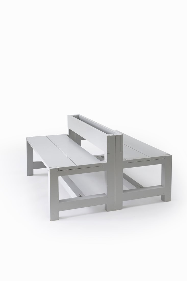 Claire Bataille (Belgian, 1940) & Paul Ibens (Belgian, 1939-2020): Pair of Gray Benches - 1998 (design) Wood, gray paint, steel 65 x 135 x 55 cm Auctioned for the benefit of the Horta Museum