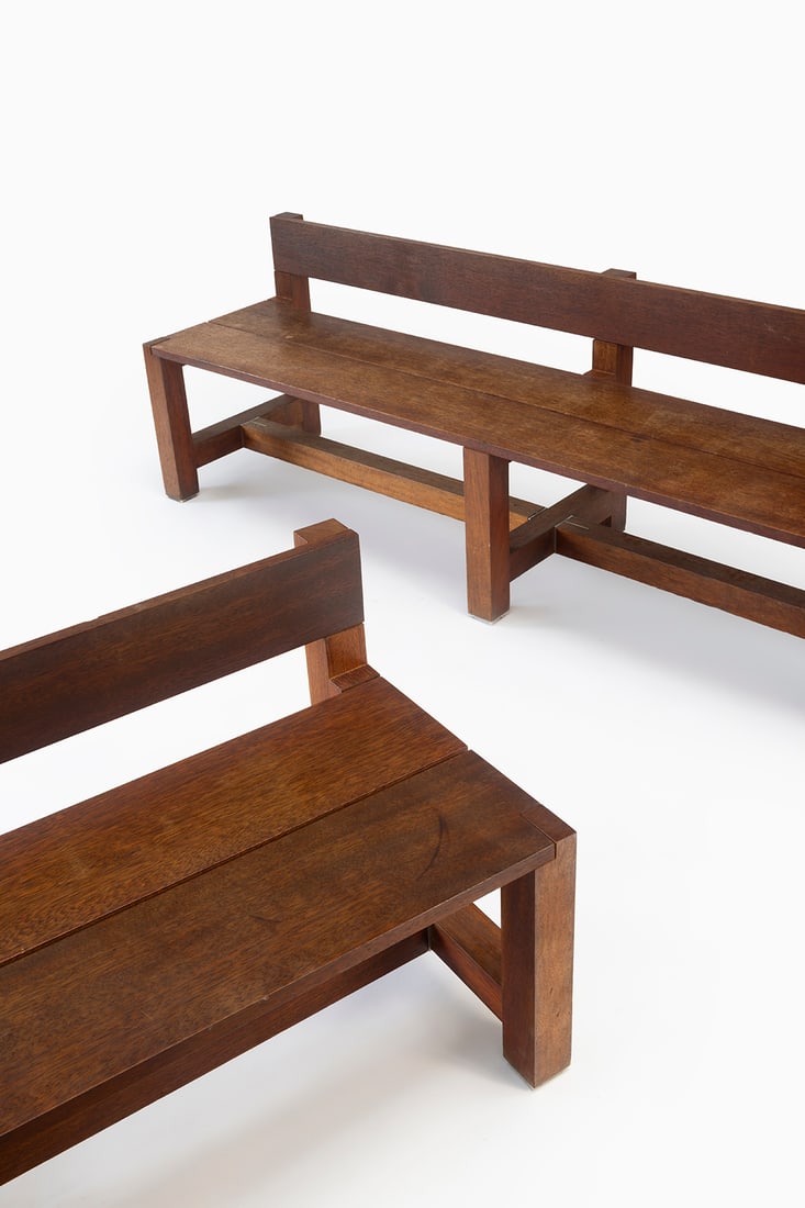 Claire Bataille (Belgian, 1940) & Paul Ibens (Belgian, 1939-2020): Pair of Benches - 1998 (design) Meranti wood and steel 65 x 220 x 55 cm Auctioned for the benefit of the Horta Museum