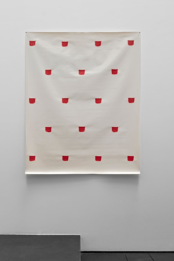 Niele Toroni (Swiss, 1937): Empreintes de pinceau n° 50 – 1977 Oilcloth 129,5 x 104,5 cm Dated with stamp on verso: Mai 1977 Provenance: Acquired directly from the artist by the present owners (1987)