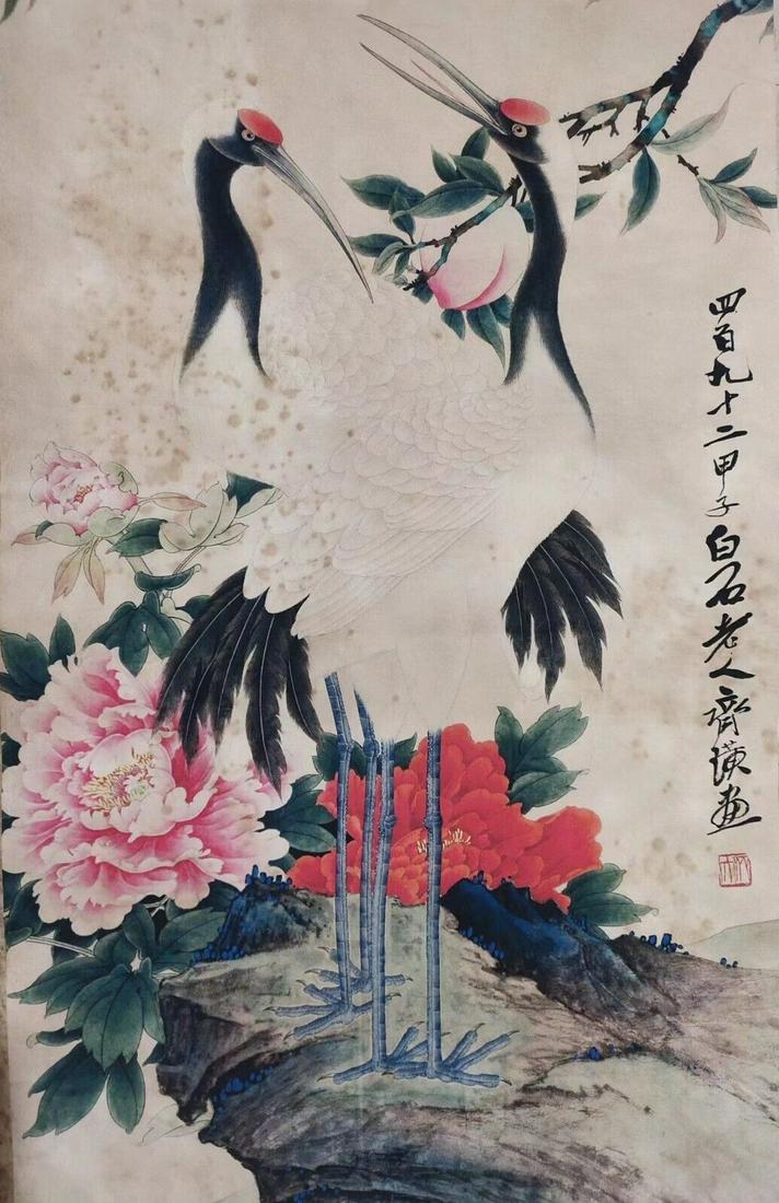 Chinese scroll painting: Size: Height 93 cm - Width 52 cm Materials: ink color and paper Time Period: Qing dynasty Manufactured by: Qi Baishi Origin: China Qi Baishi was a Chinese painter, noted for the whimsical, often playf