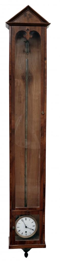 A Free-Swinging Mystery Wall Clock (Biedermeier: Walnug clock case, six glass panels, one door. Enamel dial ring, blued steel hands, chased cast brass bezel. A movement and dial create a pendulum bob. Round movement, spring driven, lever movement, e
