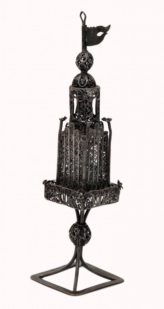 Spice Tower by Rafael Jonas Goldschmid: Silver filigree tower-form spice container, with rectangular body composed of wirework scrolling filigree, roof with single pennant on the top of a spherical finial, body with single door (missing) op
