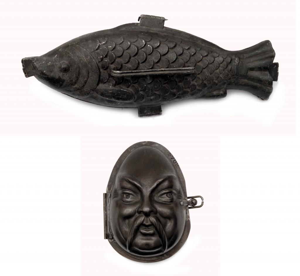 A Fish and Mans Face with a Mustache Ice Cream: Rare pewter and sheet moulds for Chocolaterie, 19th century, length 35 cm and 15 cm. Condition 2
