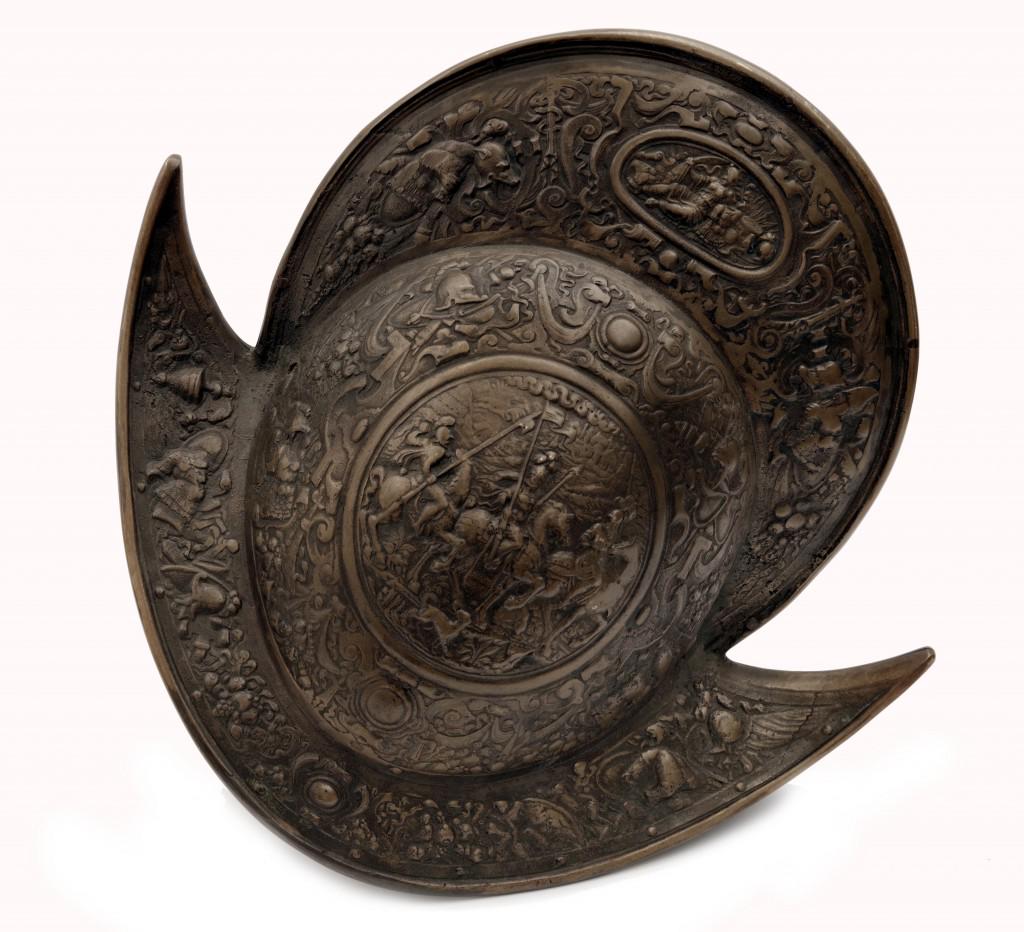 A Morion: Bronze helmet with figural decoration. Spanish, 19th century, height 36 cm. Condition 2