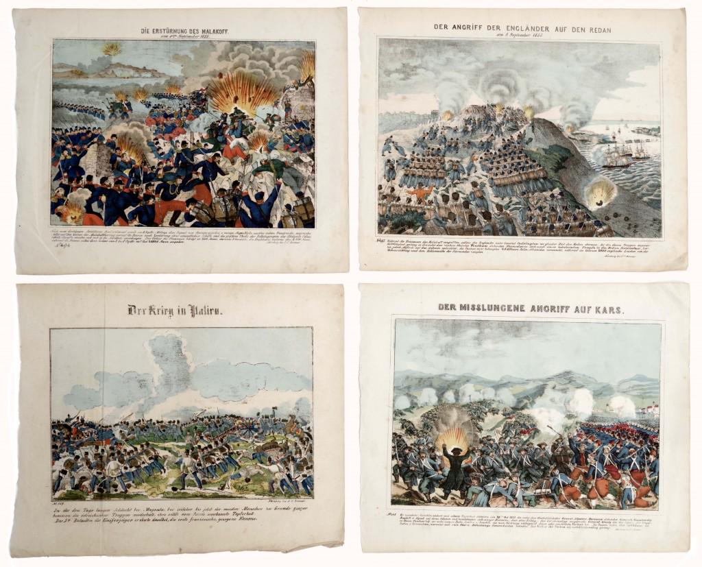 Four Lithographs of Battles by J. C. Renner: A coloured lithographs marked "NA¼rnberg bei J. C. Renner". 1) "Die ErstA¼rmung des Malakoff", numbered "No. 494". 2) Der Angriff der Anglander nach Redan" numbered "NO. 497". 3) "Der Krieg