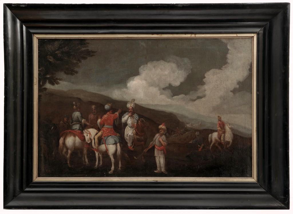 Turkish Soldiers on Horseback by Francesco Antonio: Turkish soldiers in mountain. Oil on canvas (relined). Francesco Antonio Simonini (Parma 1686 - Venezia or Firenze 1755 or 1753). Italy, the 1st half of the 18th century, dimensions 100 x 65 cms. Rest