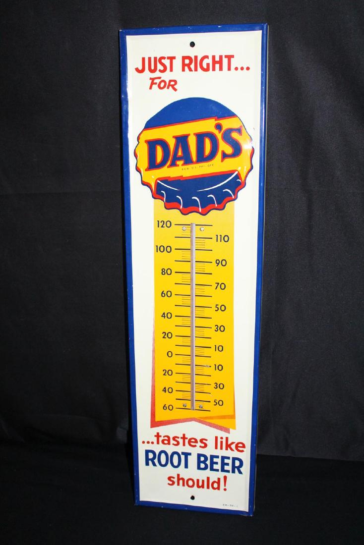 NOS DADS ROOT BEER THERMOMETER TIN SIGN: NOS DADS ROOT BEER THERMOMETER TIN SIGN SST, 27 X 7 1/4". WORKS. VERY NICE, FEW MINOR BLEMISHES. APPROXIMATE SHIPPING COST $24 TO $28. THIS ITEM IS GUARANTEED OLD AND ORIGINAL.