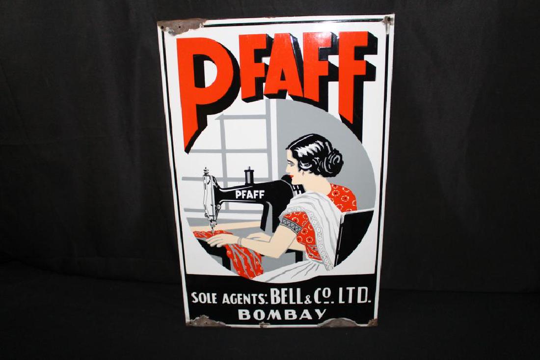 PORCELAIN PFAFF SEWING MACHINES SIGN: PORCELAIN PFAFF SEWING MACHINES SIGN SSP, 19 X 28 1/2". APPROXIMATE SHIPPING COST $25 TO $65. THIS ITEM IS GUARANTEED OLD AND ORIGINAL.