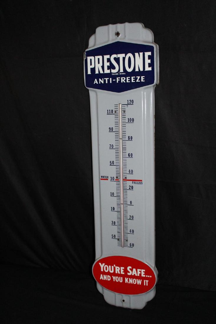PORCELAIN PRESTONE ANTIFREEZE THERMOMETER SIGN: PORCELAIN PRESTONE ANTIFREEZE THERMOMETER SIGN SSP, 36 1/4 X 9 1/4". WORKS. APPROXIMATE SHIPPING COST $30 TO $45. THIS ITEM IS GUARANTEED OLD AND ORIGINAL.