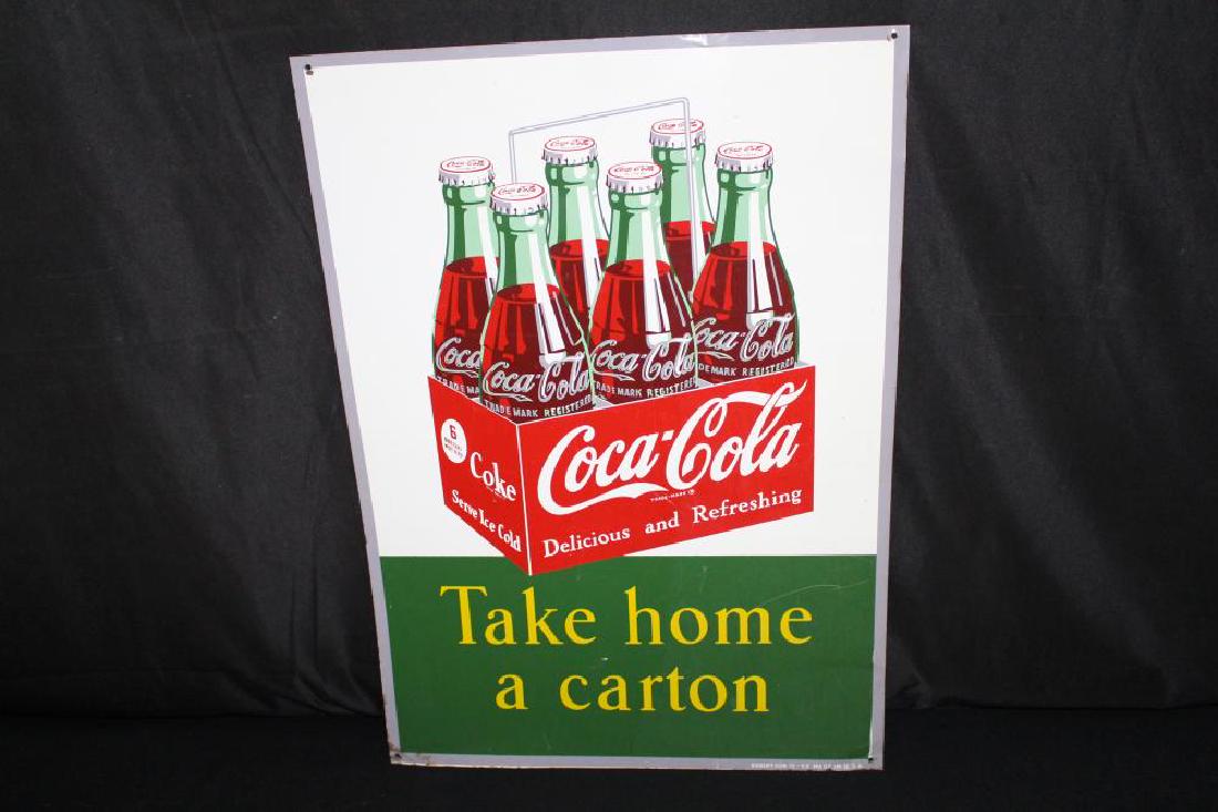 TAKE HOME A CARTON OF COCA COLA 6 PACK TIN SIGN: TAKE HOME A CARTON OF COCA COLA 6 PACK TIN SIGN SST, 19 5/8 X 27 3/4". LIGHT WEAR. APPROXIMATE SHIPPING COST $30 TO $45. THIS ITEM IS GUARANTEED OLD AND ORIGINAL.