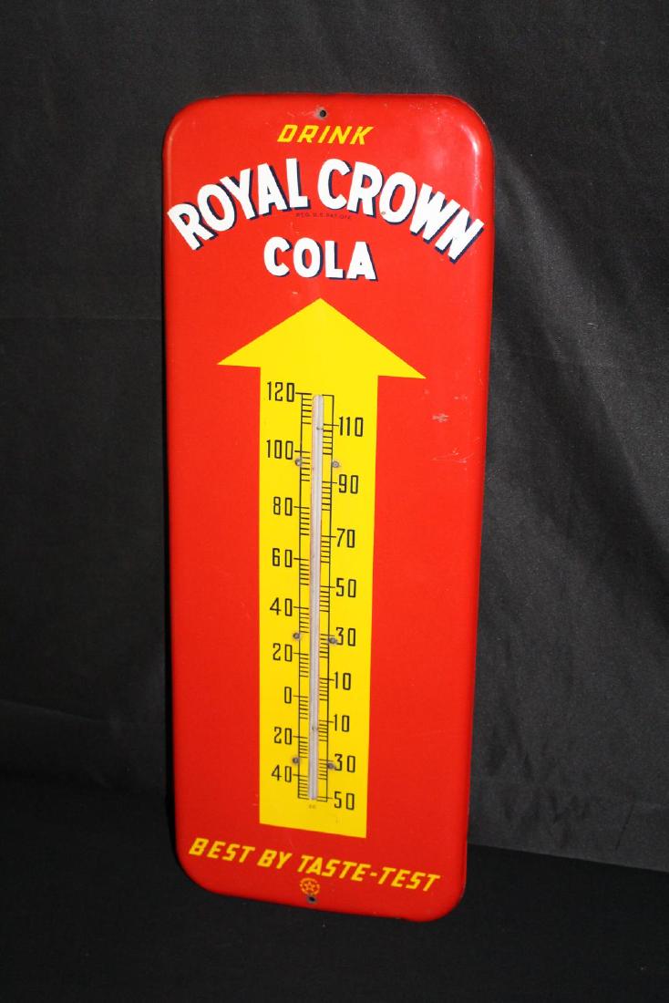 DRINK RC ROYAL CROWN COLA THERMOMETER SIGN: DRINK RC ROYAL CROWN COLA THERMOMETER SIGN SST, 26 X 10". WORKS. APPROXIMATE SHIPPING COST $25 TO $35. THIS ITEM IS GUARANTEED OLD AND ORIGINAL.