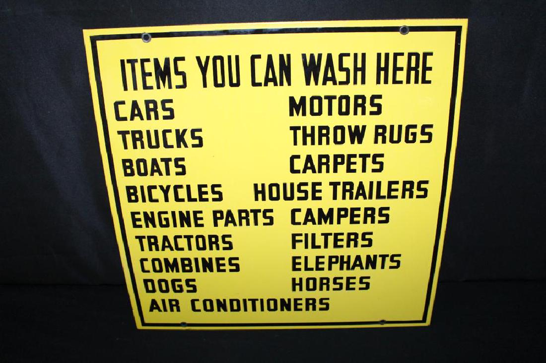 PORCELAIN CAR WASH SIGN ELEPHANTS CAMPERS COMBINES: PORCELAIN CAR WASH SIGN ELEPHANTS CAMPERS COMBINES SSP, 18X18". VERY INTERESTING SIGN. APPROXIMATE SHIPPING COST $20 TO $30. THIS ITEM IS GUARANTEED OLD AND ORIGINAL.