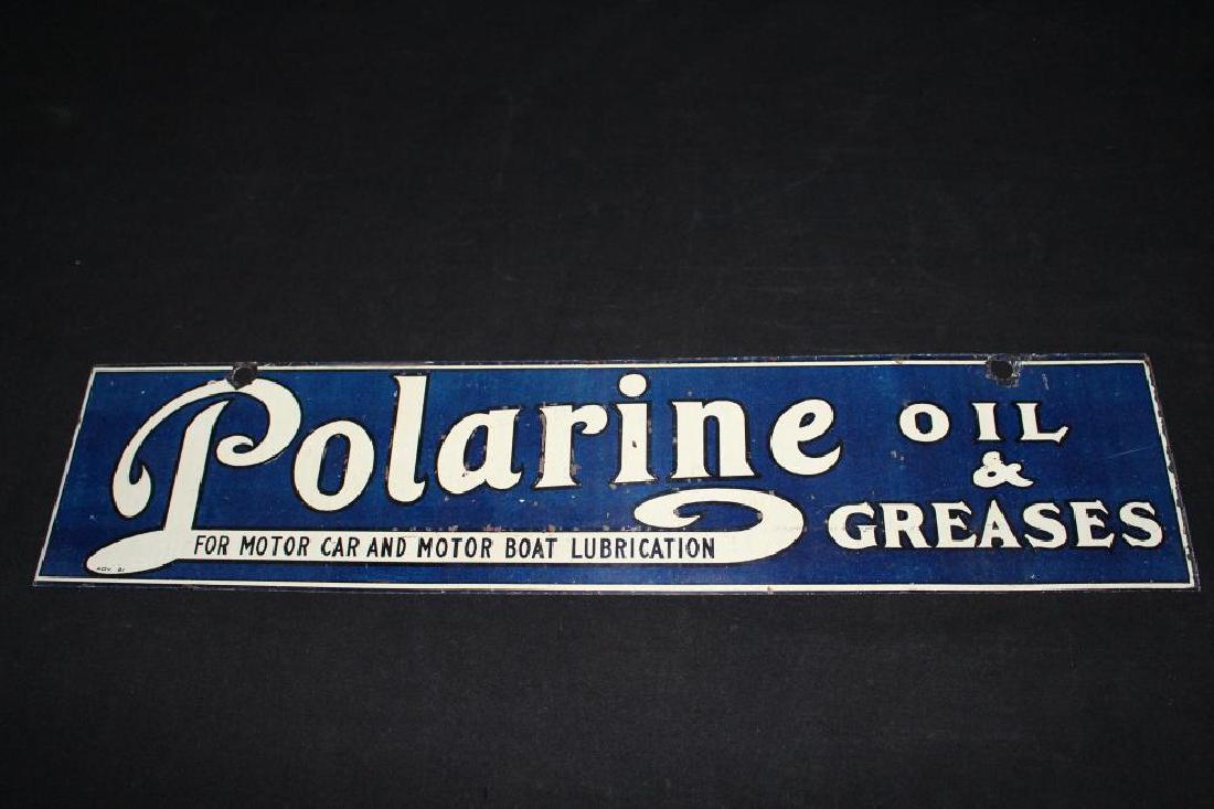 POLARINE MOTOR CAR & BOAT OIL & GREASE TIN SIGN: POLARINE MOTOR CAR & BOAT OIL & GREASE TIN SIGN SST 19 3/4 X 4 1/2". APPROXIMATE SHIPPING COST $15 TO $20. THIS ITEM IS GUARANTEED OLD AND ORIGINAL.