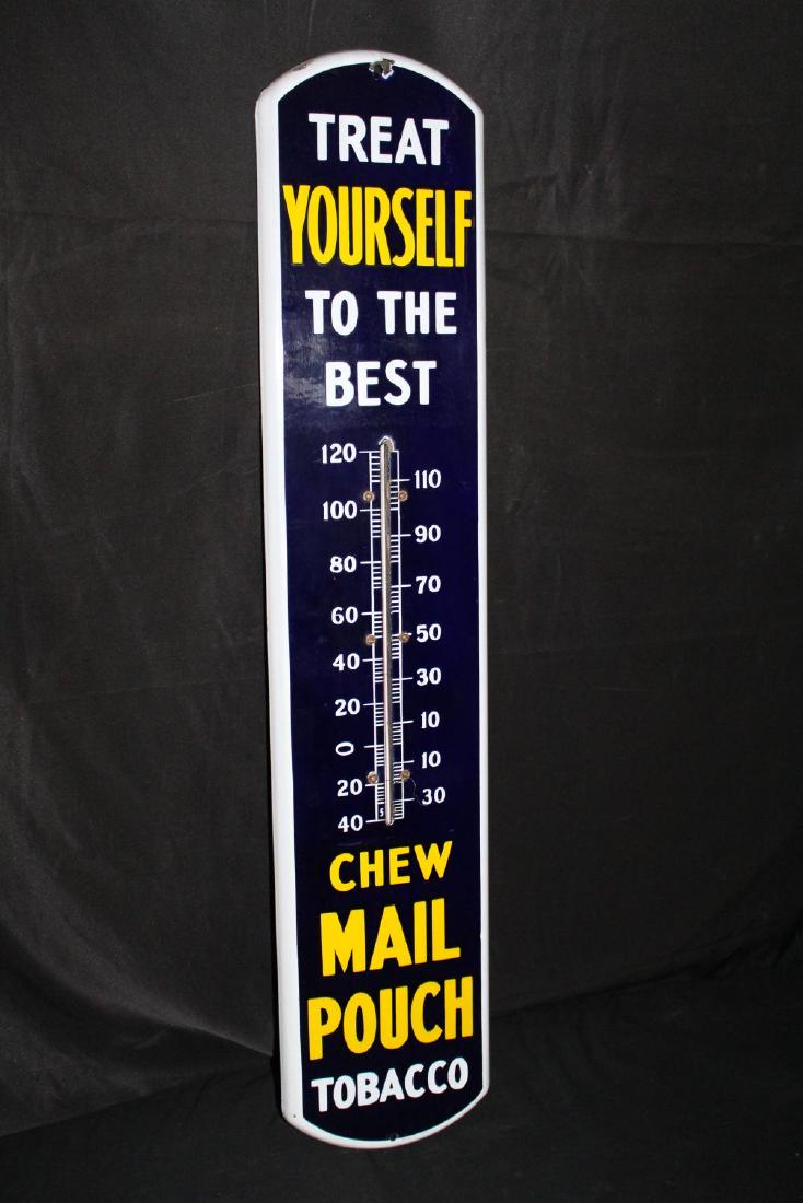 PORCELAIN MAIL POUCH TOBACCO THERMOMETER SIGN: PORCELAIN MAIL POUCH TOBACCO THERMOMETER SIGN SSP, 39X8'. WORKS. APPROXIMATE SHIPPING COST $30 TO $45. THIS ITEM IS GUARANTEED OLD AND ORIGINAL.