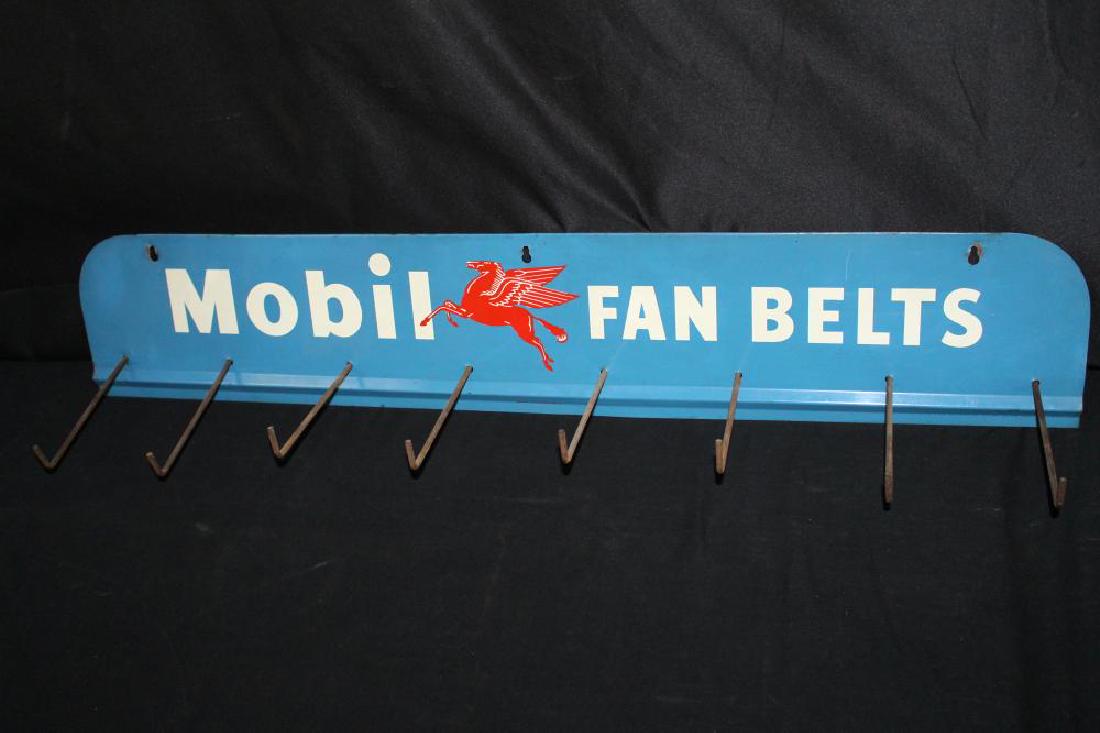 MOBIL FAN BELTS RACK SIGN: MOBIL FAN BELTS RACK SIGN SST, 33 1/4 X 6 1/4'. APPROXIMATE SHIPPING COST $25 TO $35. THIS ITEM IS GUARANTEED OLD AND ORIGINAL.
