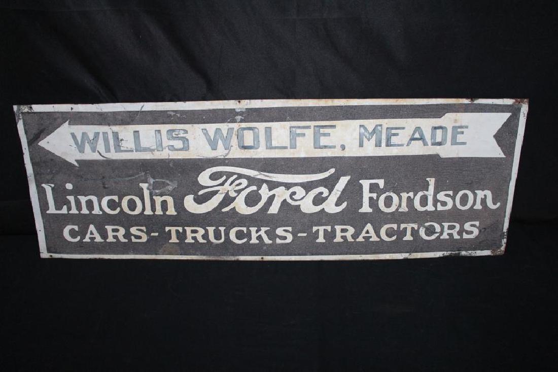 LINCOLN FORD FORDSON CARS TRUCKS TRACTORS SIGN: LINCOLN FORD FORDSON CARS TRUCKS TRACTORS SIGN SST, 35 1/4 X 11 3/4". SCHMALTZ PAINTED FINISH. SHOWS FADING. FROM MEADE KANSAS. APPROXIMATE SHIPPING COST $24 TO $30. THIS ITEM IS GUARANTEED OLD AND OR
