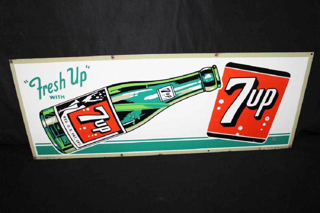 RARE PORCELAIN SEVEN UP 7UP 7 UP SODA POP SIGN: SSP, 40 3/8 X 15 1/2". SOME LIGHT WEAR. APPROXIMATE SHIPPING COST $55 TO $75. THIS ITEM IS GUARANTEED TO BE OLD AND ORIGINAL.