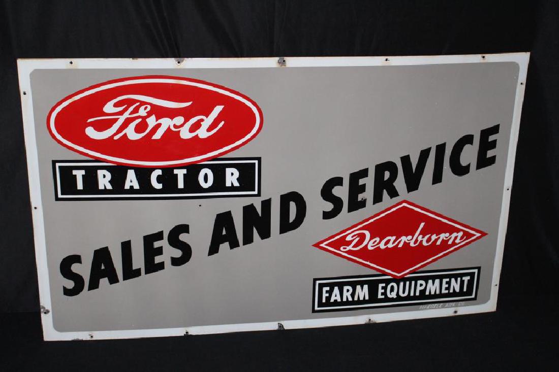 PORCELAIN FORD TRACTORS DEARBORN EQUIPMENT SIGN: SSP, 60X36". SHOWS WEAR. APPROXIMATE SHIPPING COST $100 TO $300. THIS ITEM IS GUARANTEED TO BE OLD AND ORIGINAL.