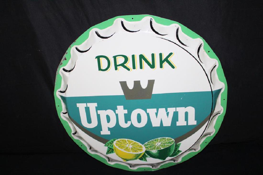 DRINK UPTOWN LEMON LIME SODA POP BOTTLE CAP SIGN: SST, 29". FEW SCUFFS. APPROXIMATE SHIPPING COST $35 TO $65. THIS ITEM IS GUARANTEED TO BE OLD AND ORIGINAL.