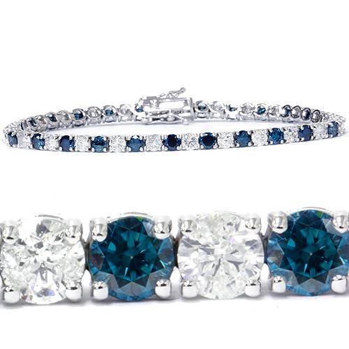 8ct Blue & White Diamond Tennis Bracelet 14K White Gold: Metal: 14k White GoldDiamond Carat: 8Diamond Cut: RoundDiamond Color: G/HDiamond Clarity: I1Diamond Treatment: Not EnhancedDiamond Setting: ProngGemstone Cut: RoundGemstone Color: blueGemstone Carat: 