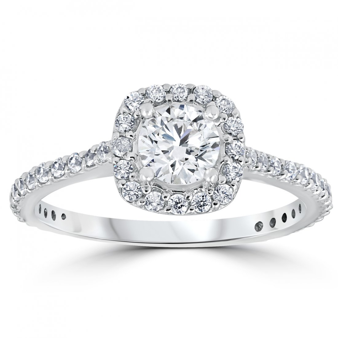 1 1/5ct Round Diamond Cushion Halo Engagement Ring: Width: 2Weight: 3.1 gMetal: 10k White GoldDiamond Carat: 1.2Diamond Cut: RoundDiamond Color: G/HDiamond Clarity: I1-I2Diamond Quantity: 47Diamond Setting: Prong Womens ring features a 0.7 carat center
