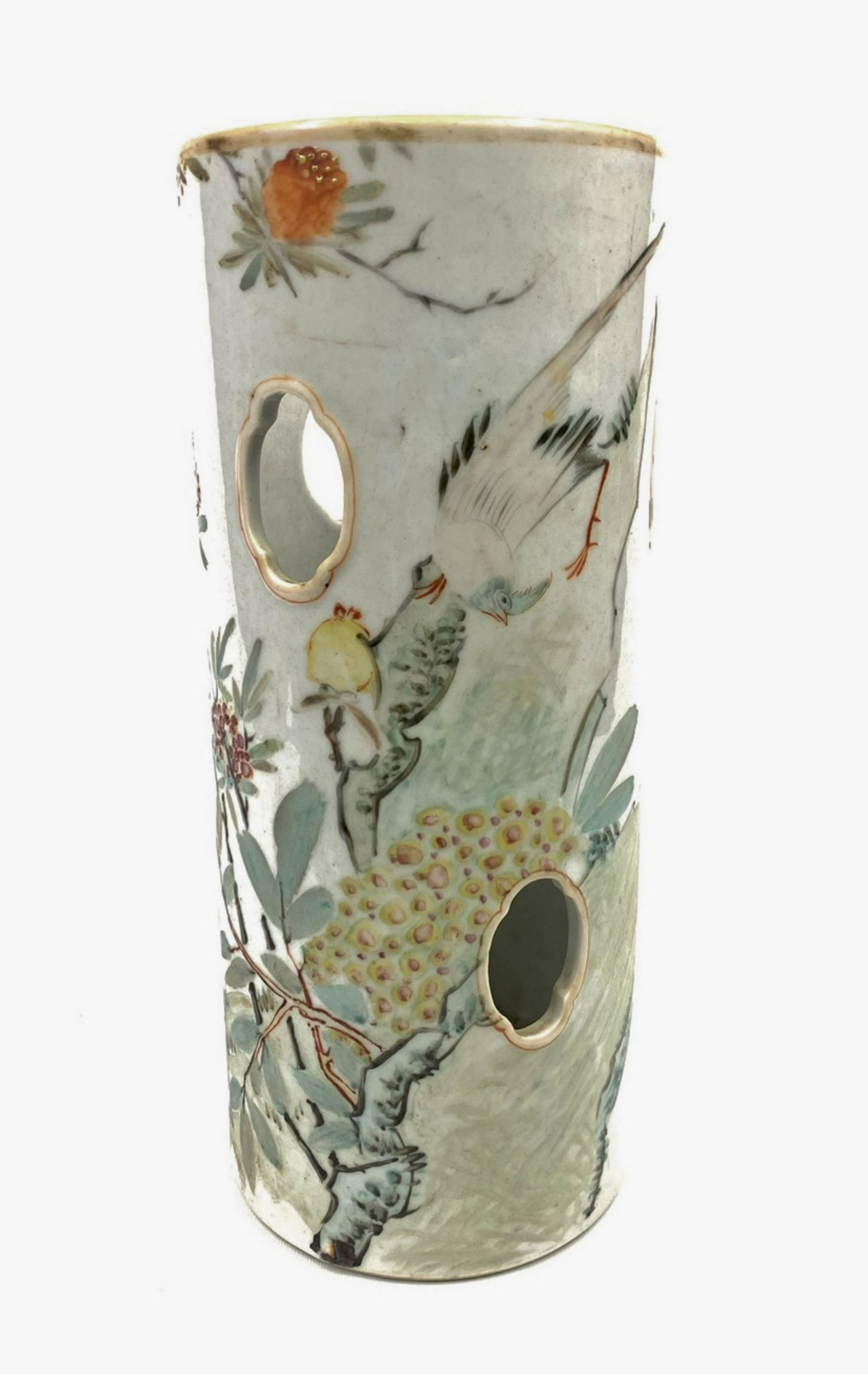 Famille rose flower and bird pattern hat tube (1 of 6)