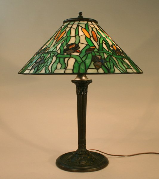 Riviere Studios Leaded Glass Lamp Cattails Iris: Riviere Studios Leaded Glass Lamp Cattails Iris. 18" diameter shade. Lamp stands 25" tall. Great pattern that I've never seen before. Iris' and cattails pattern with great quality and patina. Integrat