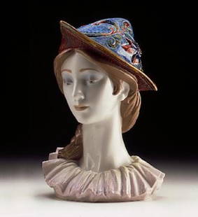 LLADRO "COLOMBINA" #6435 WITH BOX: LLADRO "COLOMBINA" #6435, Porcelain figure of women's' head in a decretive hat. In Good Condition. Comes with Box. Measures: 12 inches high X 7 inches wide Third Party Shipping Required.