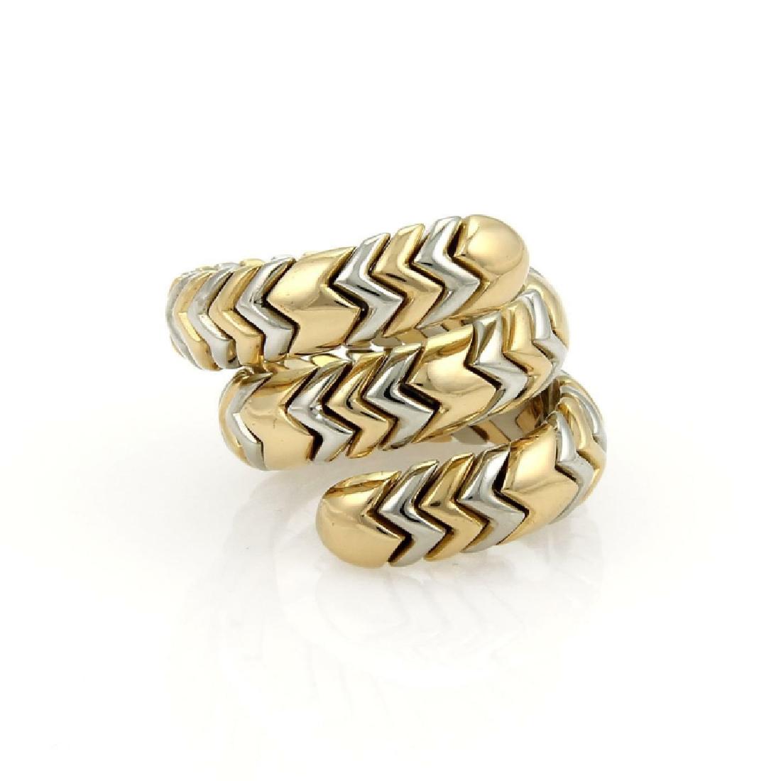 Bulgari Bvlgari SPIGA 18k Gold SS Wrap Band Ring: Bulgari Bvlgari SPIGA 18k Yellow Gold & SSteel Wide Wrap Band Ring Size 6 This authentic Bvlgari piece is finely crafted from solid 18k yellow gold and stainless steel, It comes from Bvlgari's SPIGA c