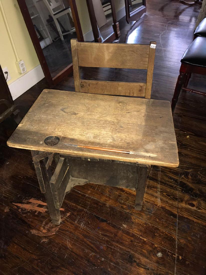 Antique quarter sawed oak school desk ca 1890 With: Antique quarter sawed oak school desk ca 1890 With fountain pen (needs ink tip). Approx 24 1/2"x 24"